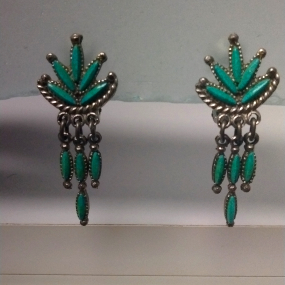 Turquoise earrings sterling silver clip earrings, zuni southwest jewelry